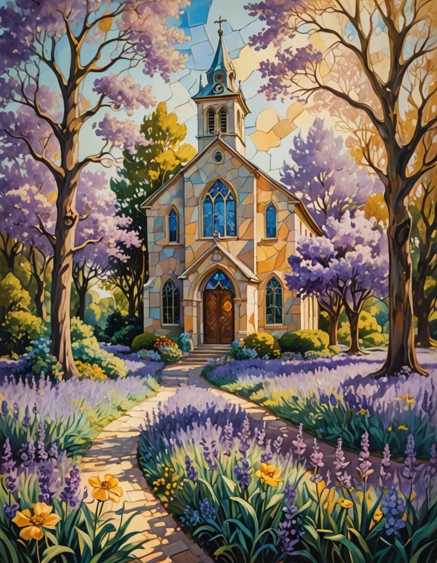 Impressionistic Church with Lavender in Dreamy Sunlight