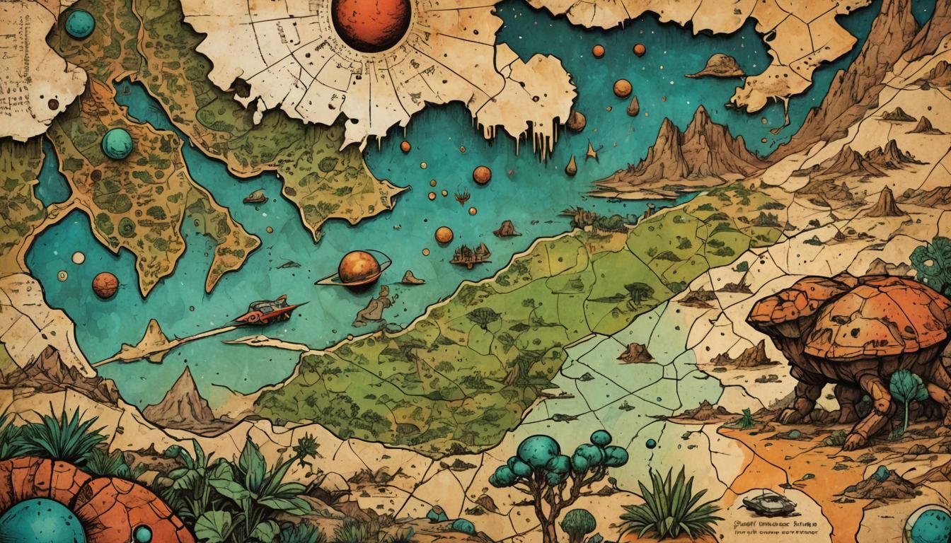 Retrofuturistic Martian Continent in Vibrant Comic Book Art