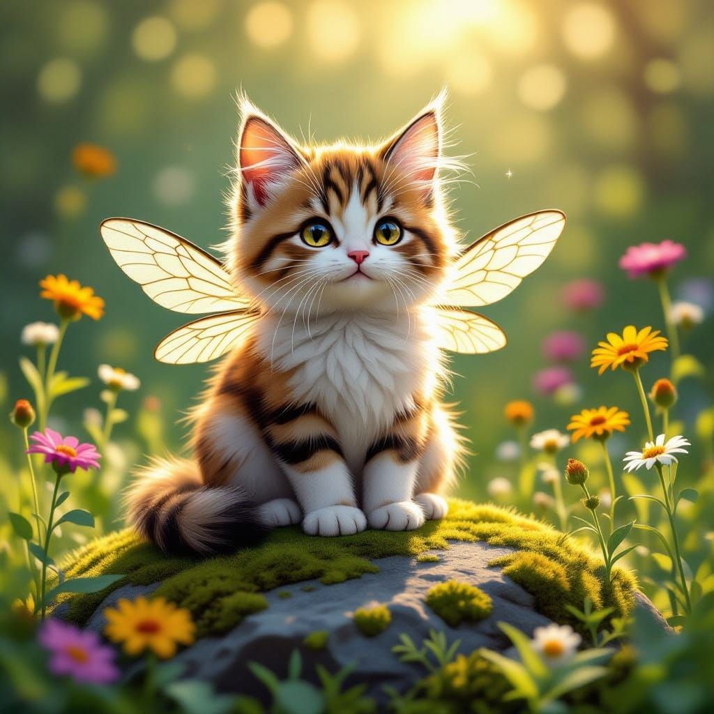 Realistic Bee Cat Hybrid in Vibrant Floral Setting