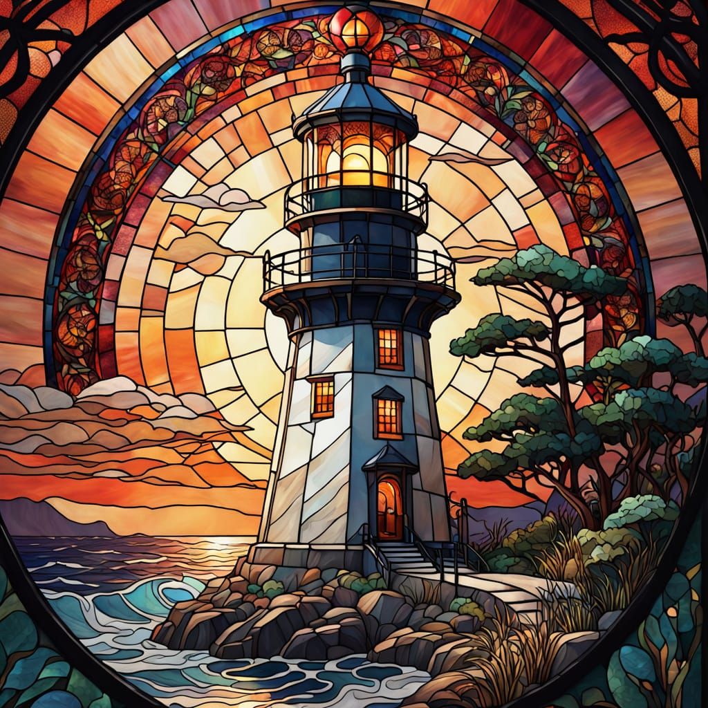 Stained Glass Lighthouse Masterpiece in Vibrant Art Nouveau ...