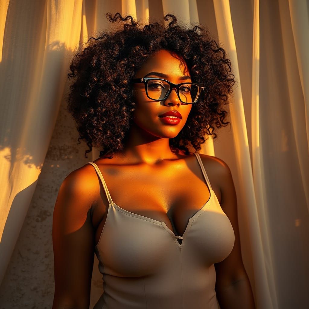 Curvy Woman in Golden Light: Futuristic Digital Art