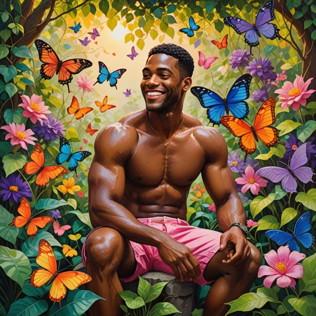 Magical Garden Oil Painting of Muscular Man