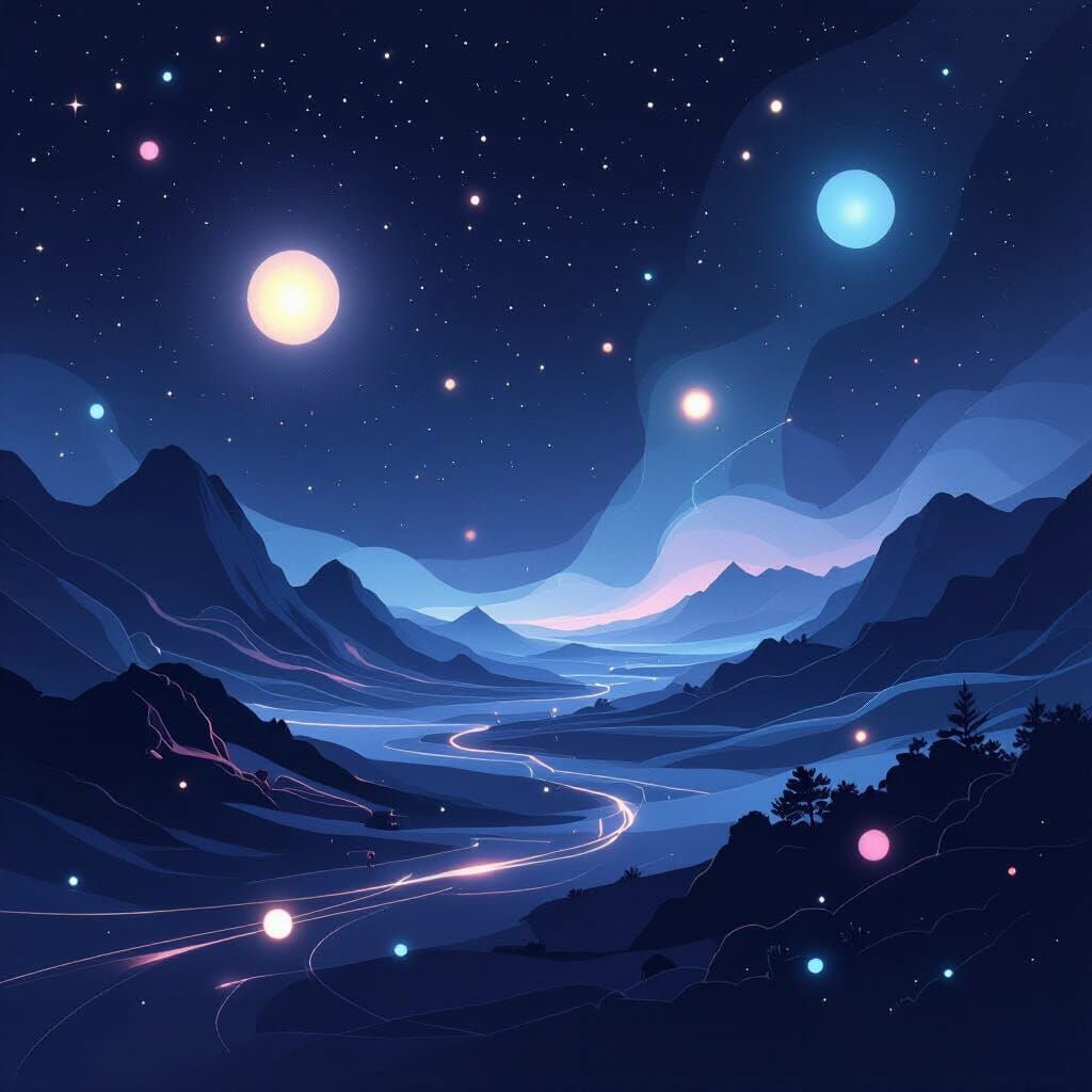 Ethereal Cosmic Landscape in Deep Blues and Purples