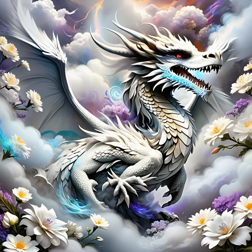 Majestic White Dragon in Cloud Vortex, Concept Art