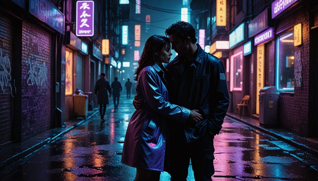 Sci-Fi Romance in Dystopian City: Vivid Digital Art