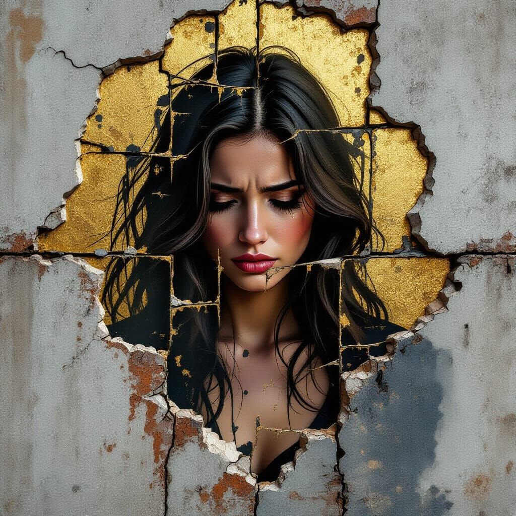 Melancholic Woman Dissolving Into Grimy Wall