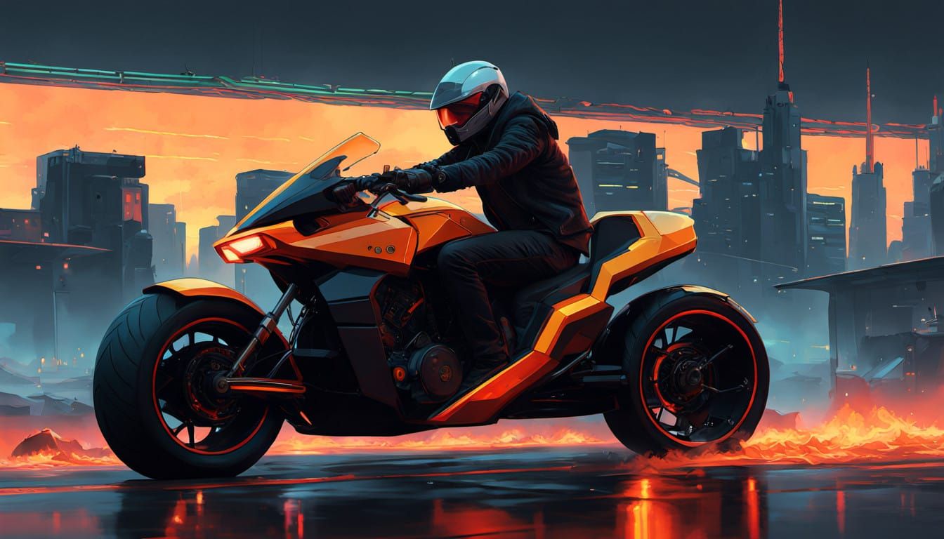 Futuristic Trike Motorcycle Engulfed in Electric Flames in a...