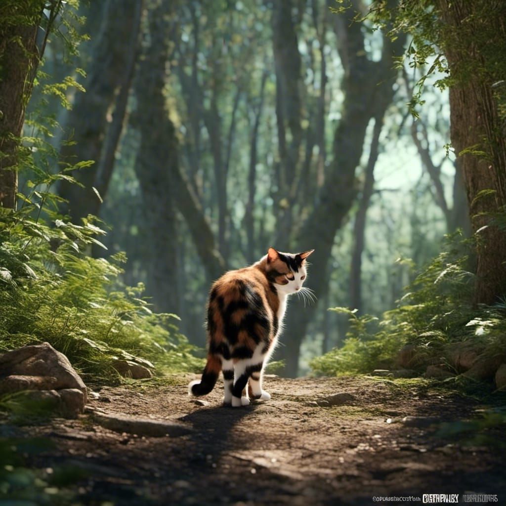 Cat on Forest Trail: Detailed Matte Painting in 8K