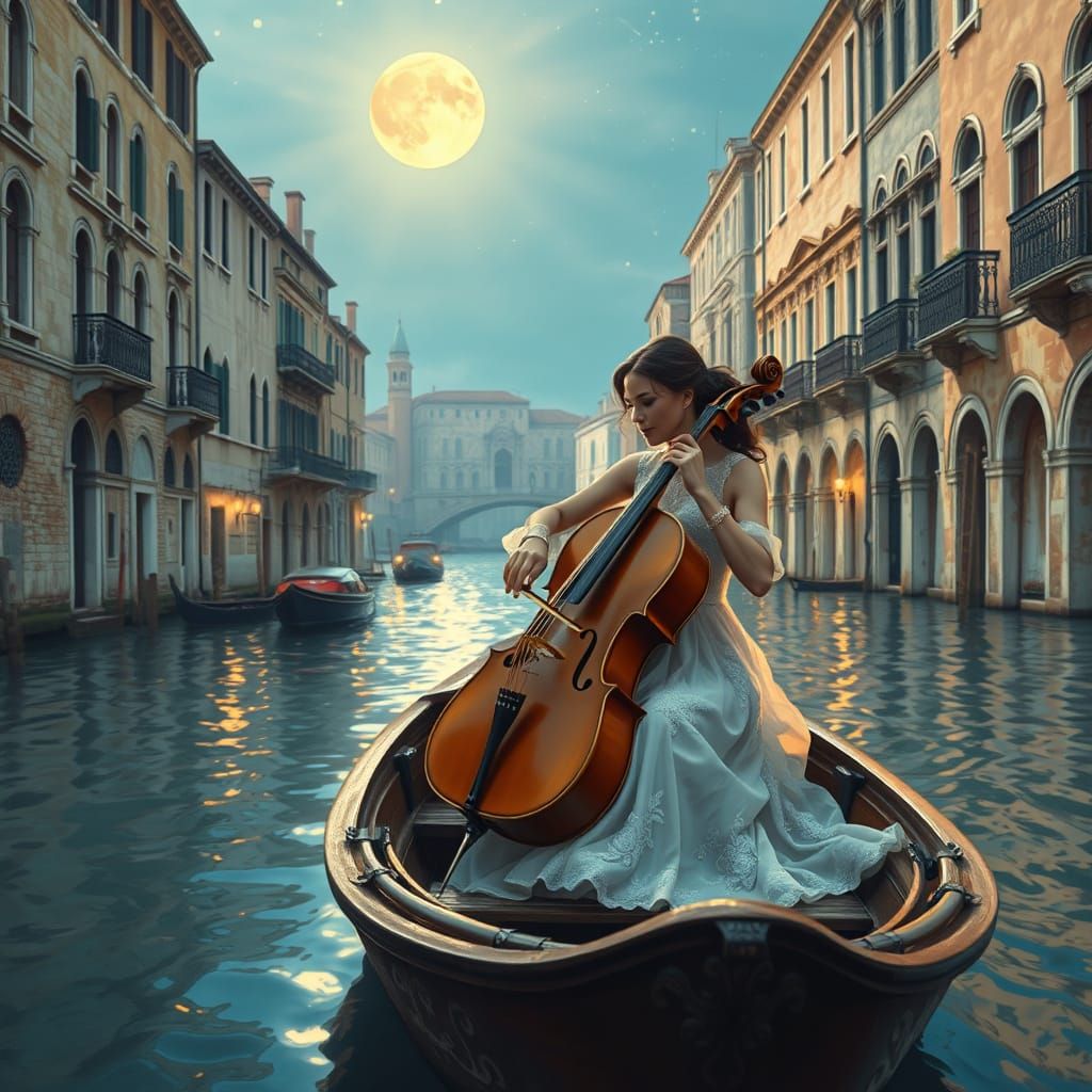 Ethereal Cellist in Serene Venice Canal