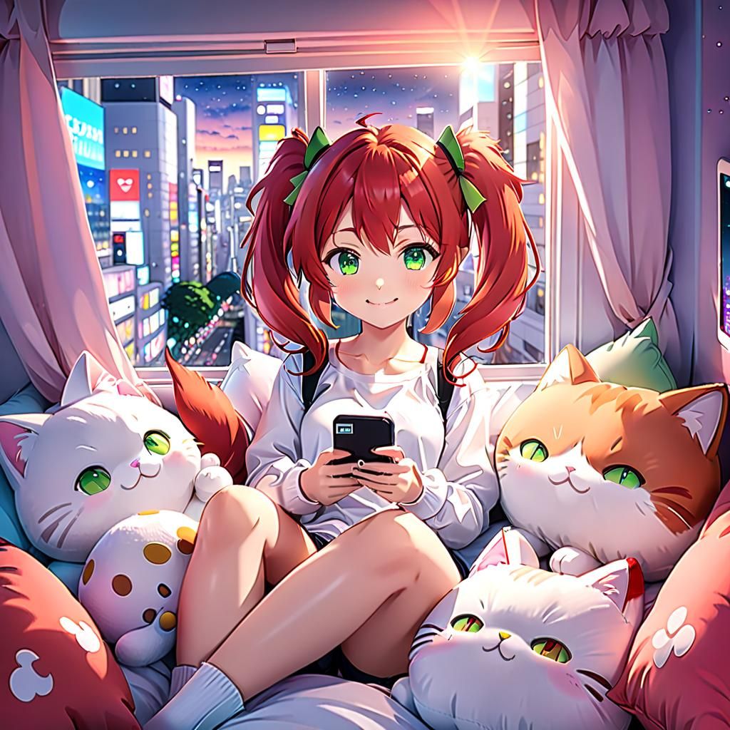 Anime Girl in Bed in Shibuya, Digital Key Visual Art