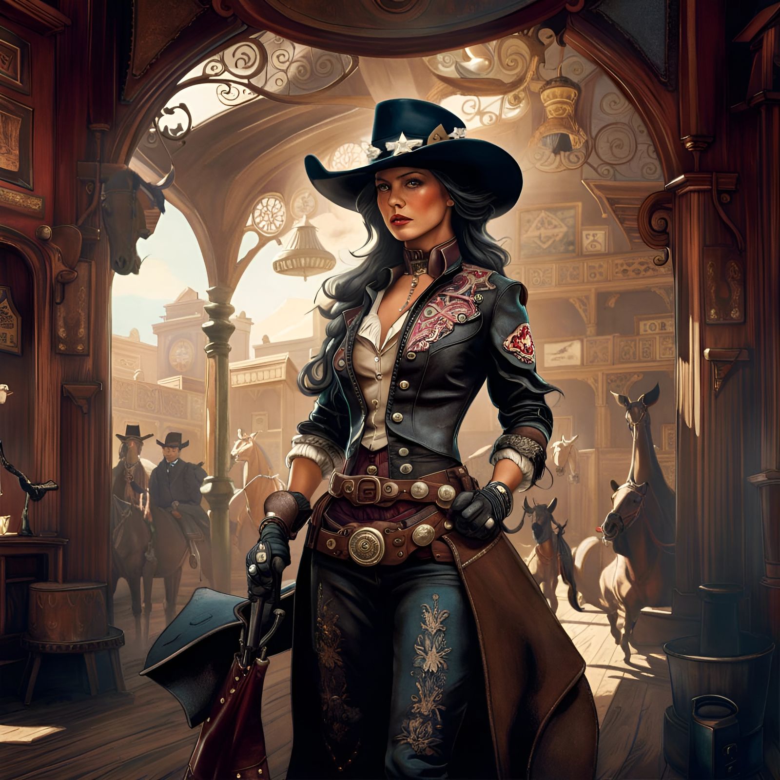 Anthropomorphic Cowgirl Sheriff in Wild West Saloon