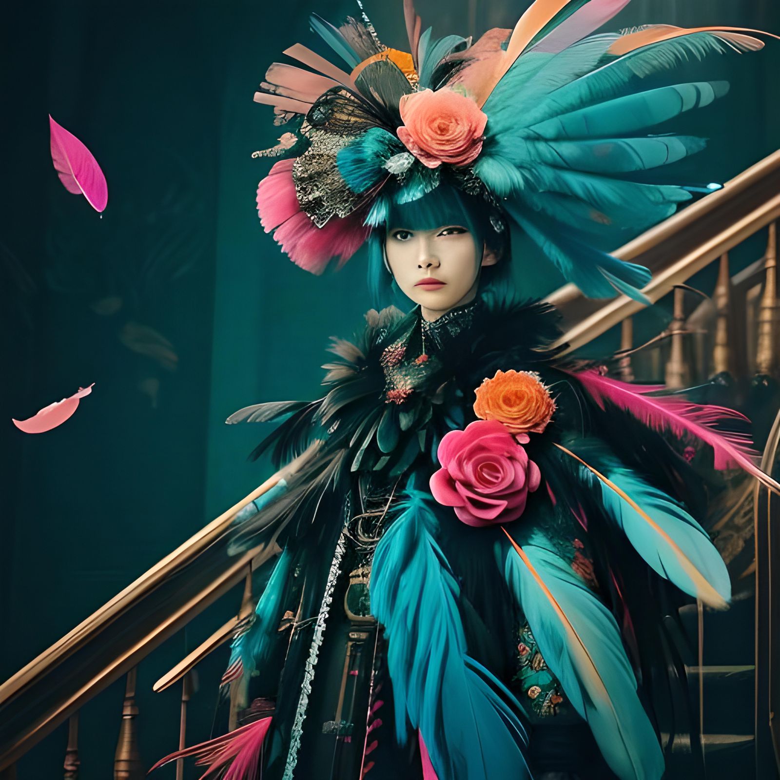 Feathers on Staircase in Analog Horror Style