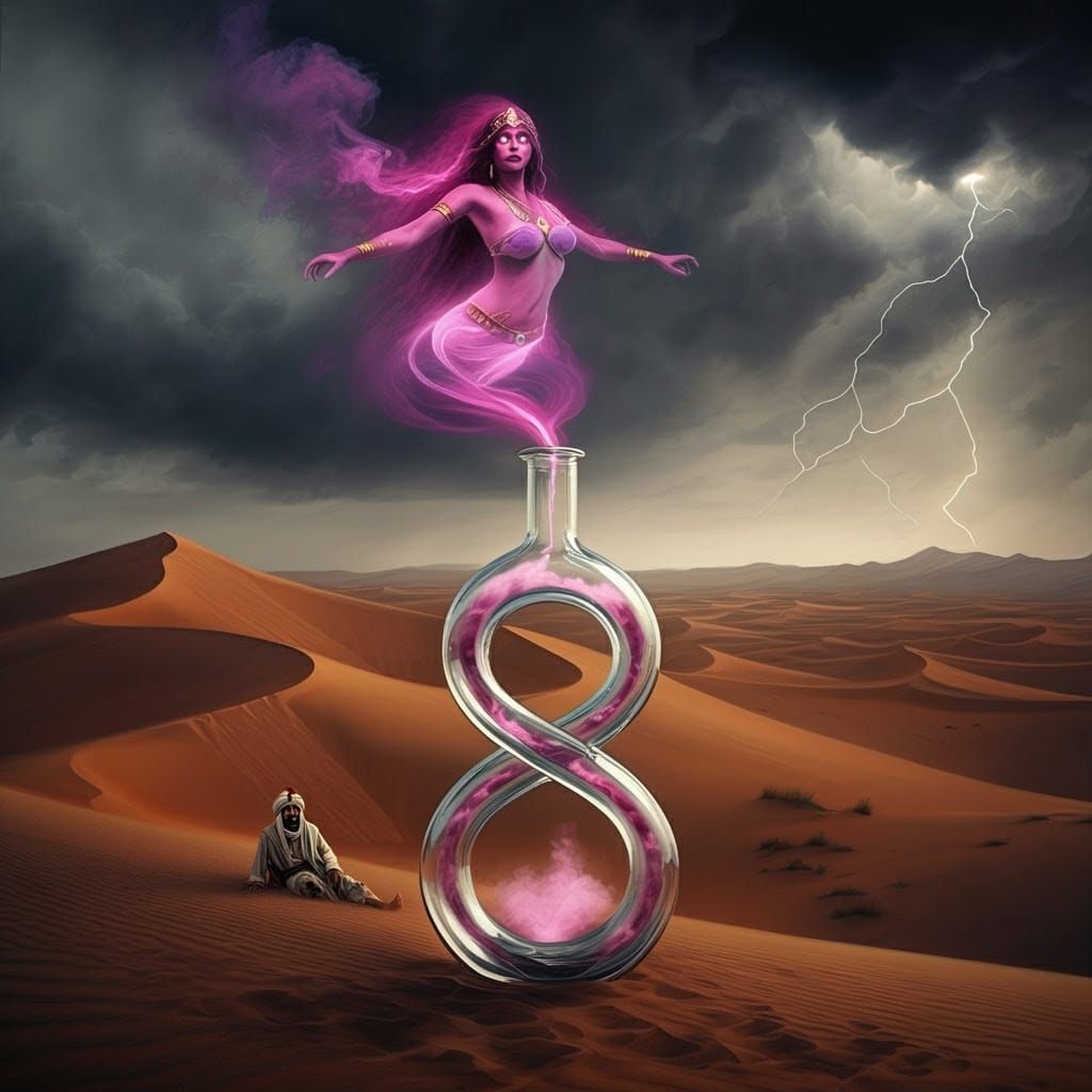 Feminine Genie Emerges from Crystal Vortex in Arabian Storm