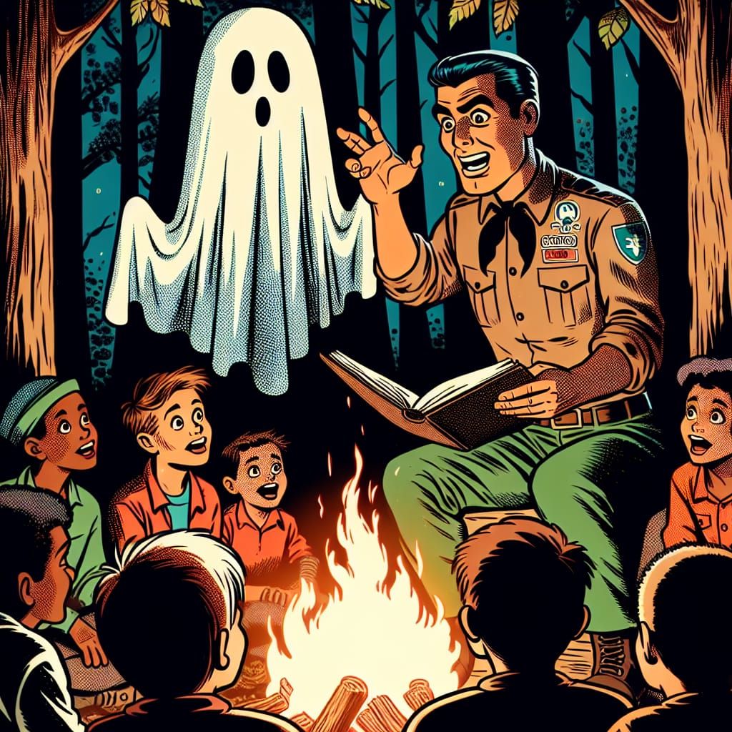 Camp Counselor's Ghost Story in Comic Book Style