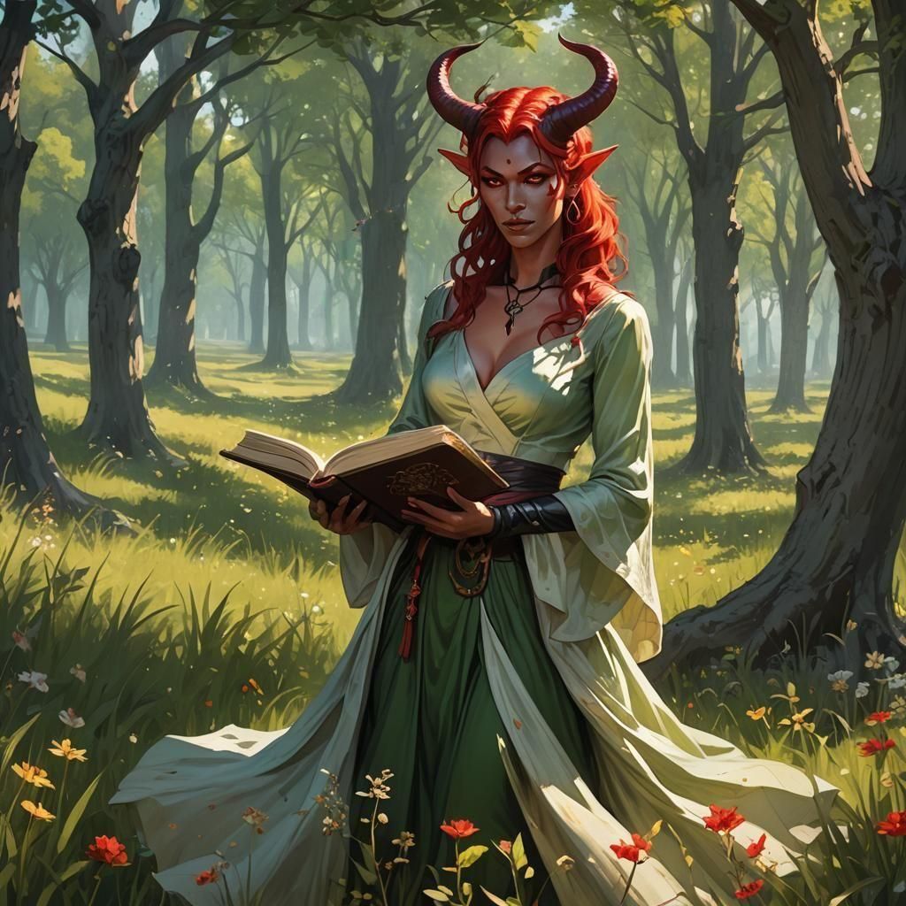 Tiefling Warlock in Meadow with Red Horns