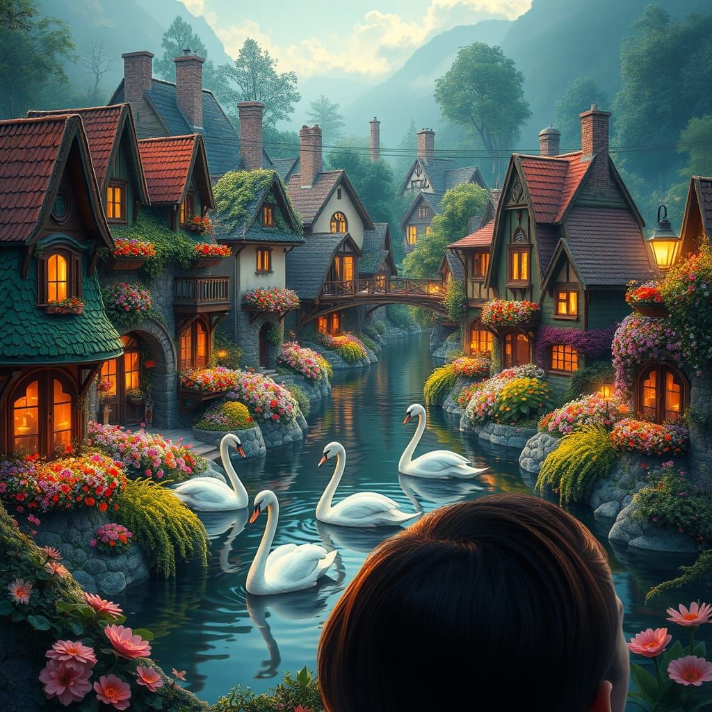 Whimsical Village Scene with Lush Greenery and Majestic Swan...