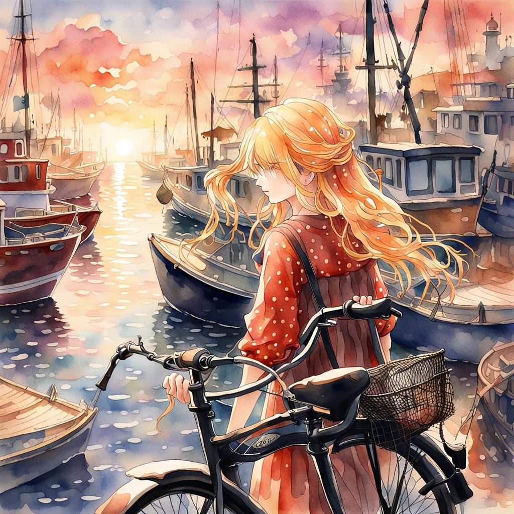 Girl with Bicycle: Watercolor Anime Style