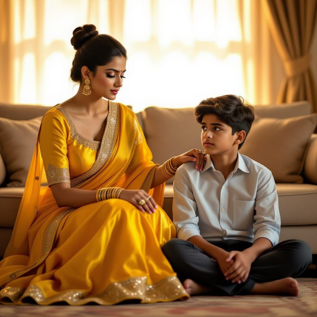 Stunning Indian Woman in Yellow Silk, Admonishing Boy