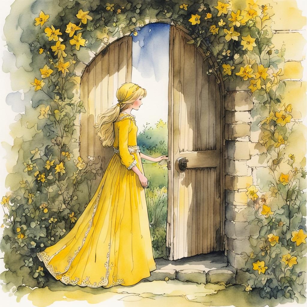 Medieval Maiden Opens Doorway: Storybook Illustration