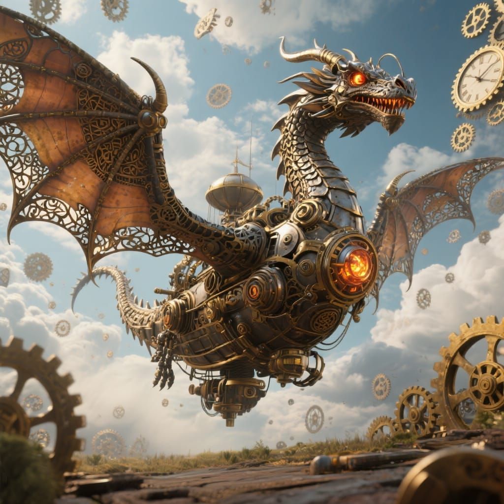 Steampunk Dragon Airship Soaring Through Clockwork Sky