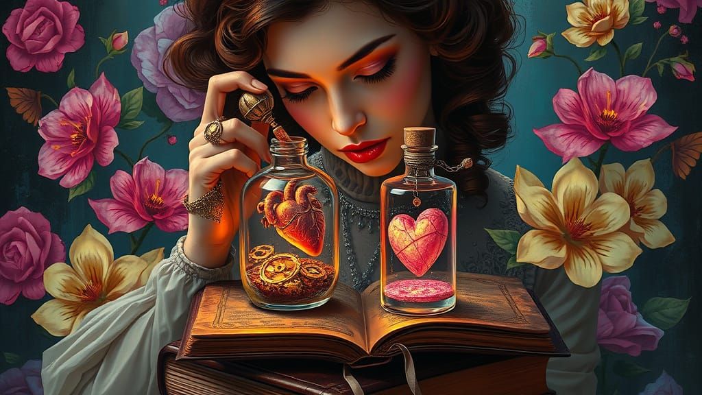 Elegant Woman Contemplates Art Nouveau-Inspired Heart Within...