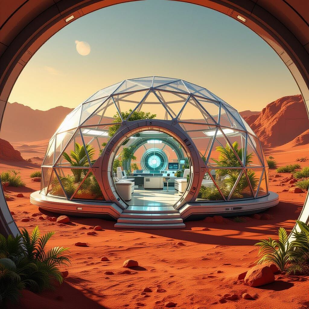 Futuristic Mars Bio-Dome with Lush Vegetation