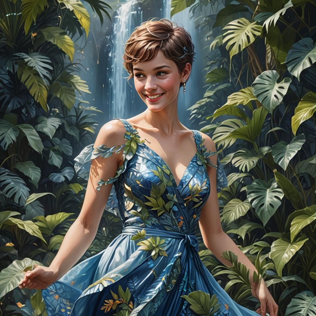 Hyperrealistic Woman Dancing Before Waterfall