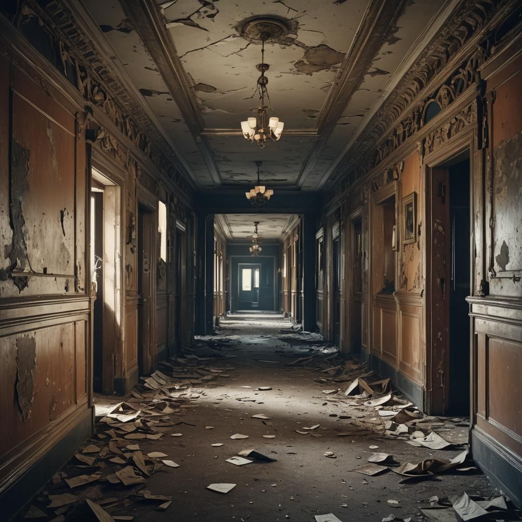 Abandoned Hotel Hallway in Digital Matte Painting Style