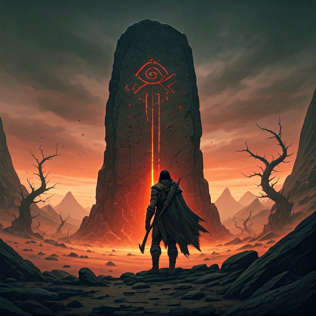 Barbarian at Ancient Monolith in Beksiński-Inspired Desert