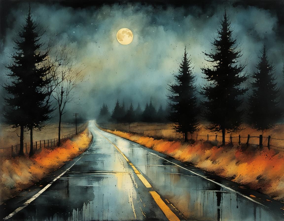 Night Road Illuminated: Gritty Watercolor Fantasy Art