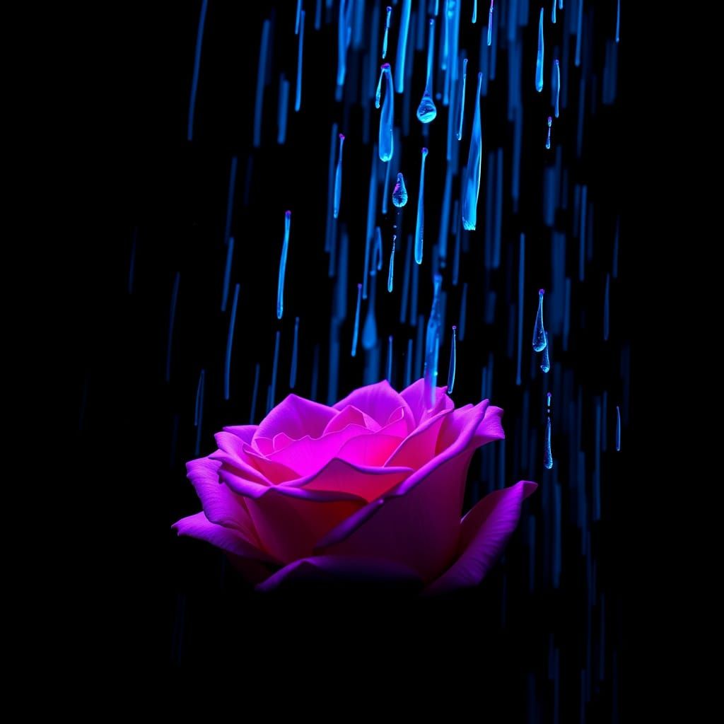 Neon Rose Bathed in Blue Rain