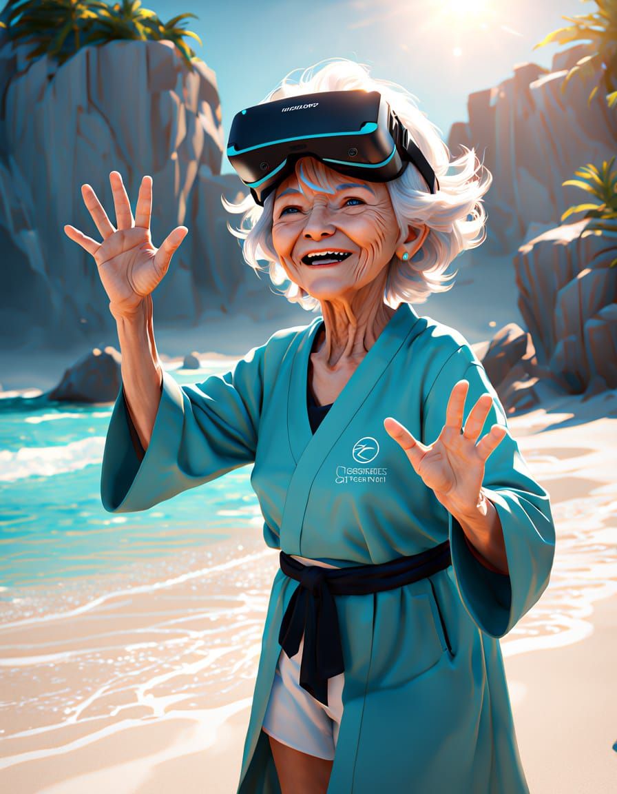 Joyful Grandma Immersed in Vibrant Metaverse Beach Scene in ...