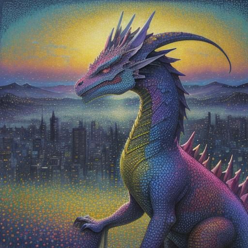 Dragon in Futuristic City as Pointillist Art