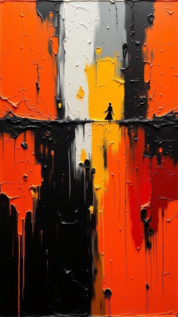 Vibrant Abstract Painting in Orange and Black with Golden Ac...