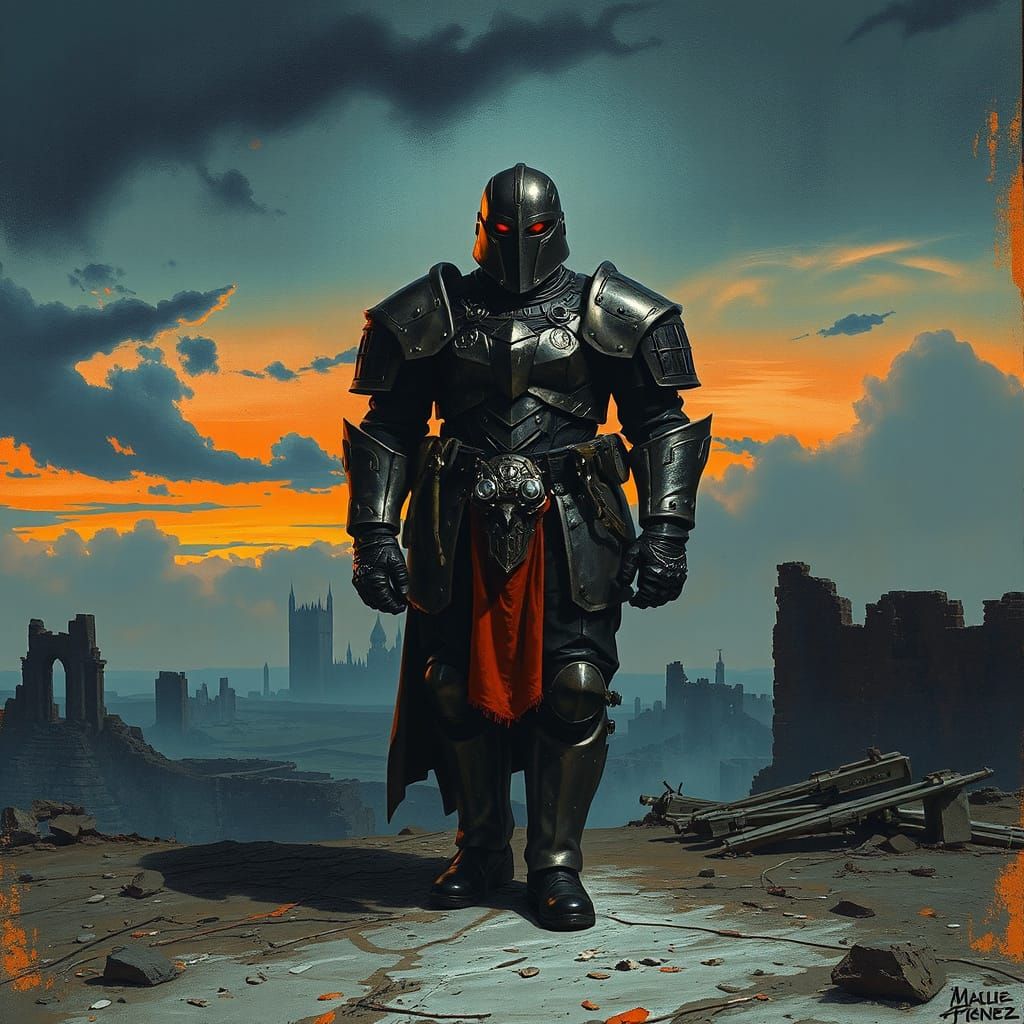 Armored Soldier in Gothic Steampunk Landscape