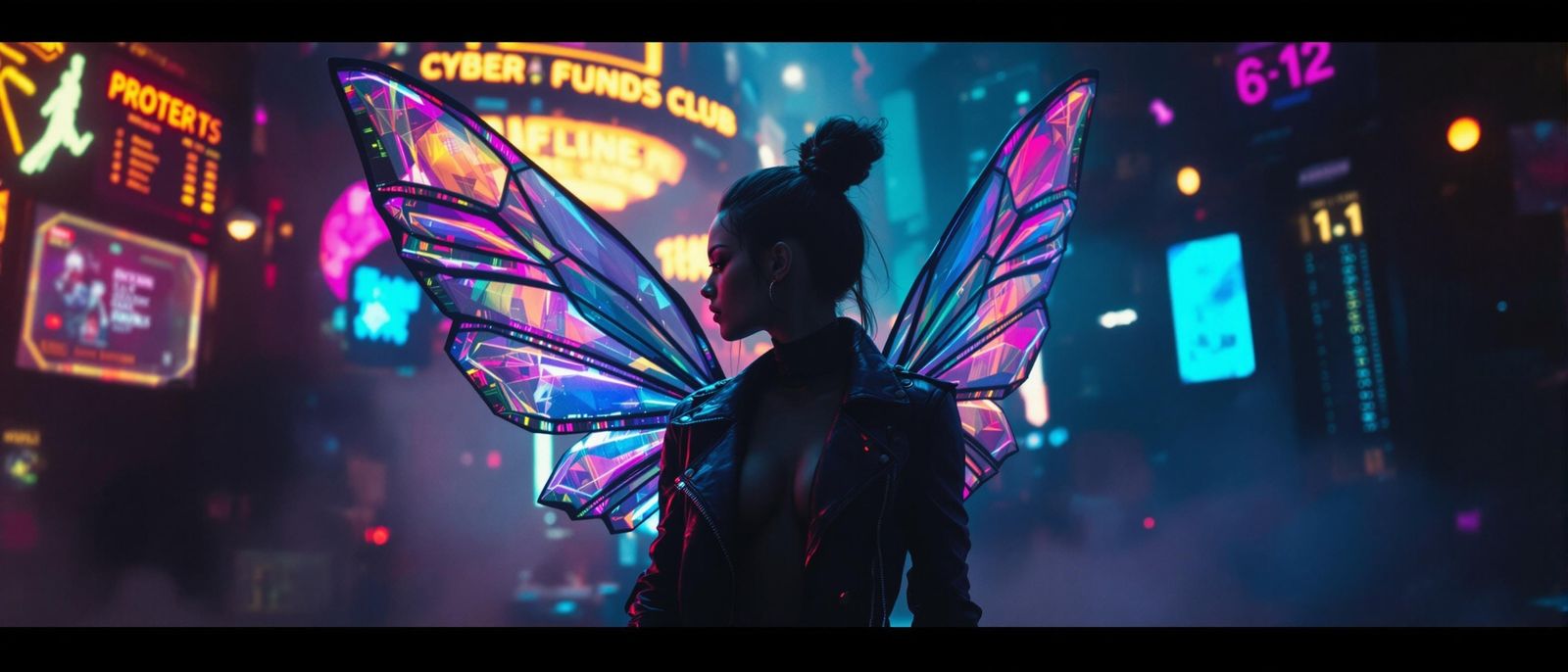 Cyberpunk Fairy in Neon Nightclub as Film Still