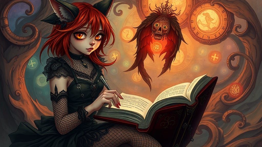 Crimson Cat Girl Reading in Surreal Fairytale Scene