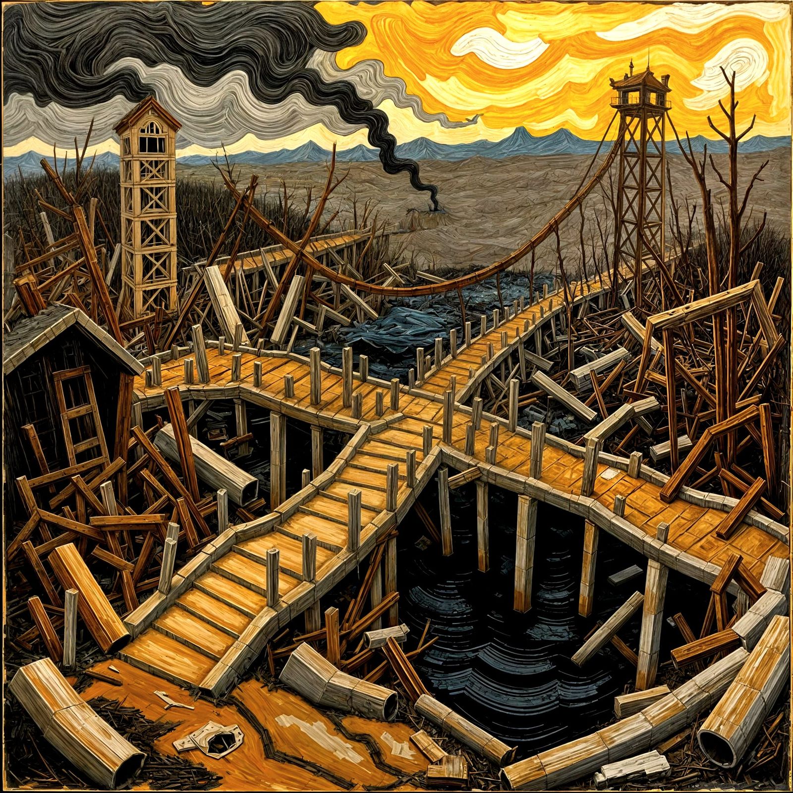 War-Torn Landscape Painting: Desolate Ruins and Golden Light