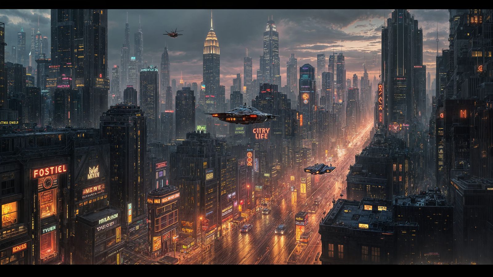 Futuristic Metropolis at Twilight in Cyberpunk Style