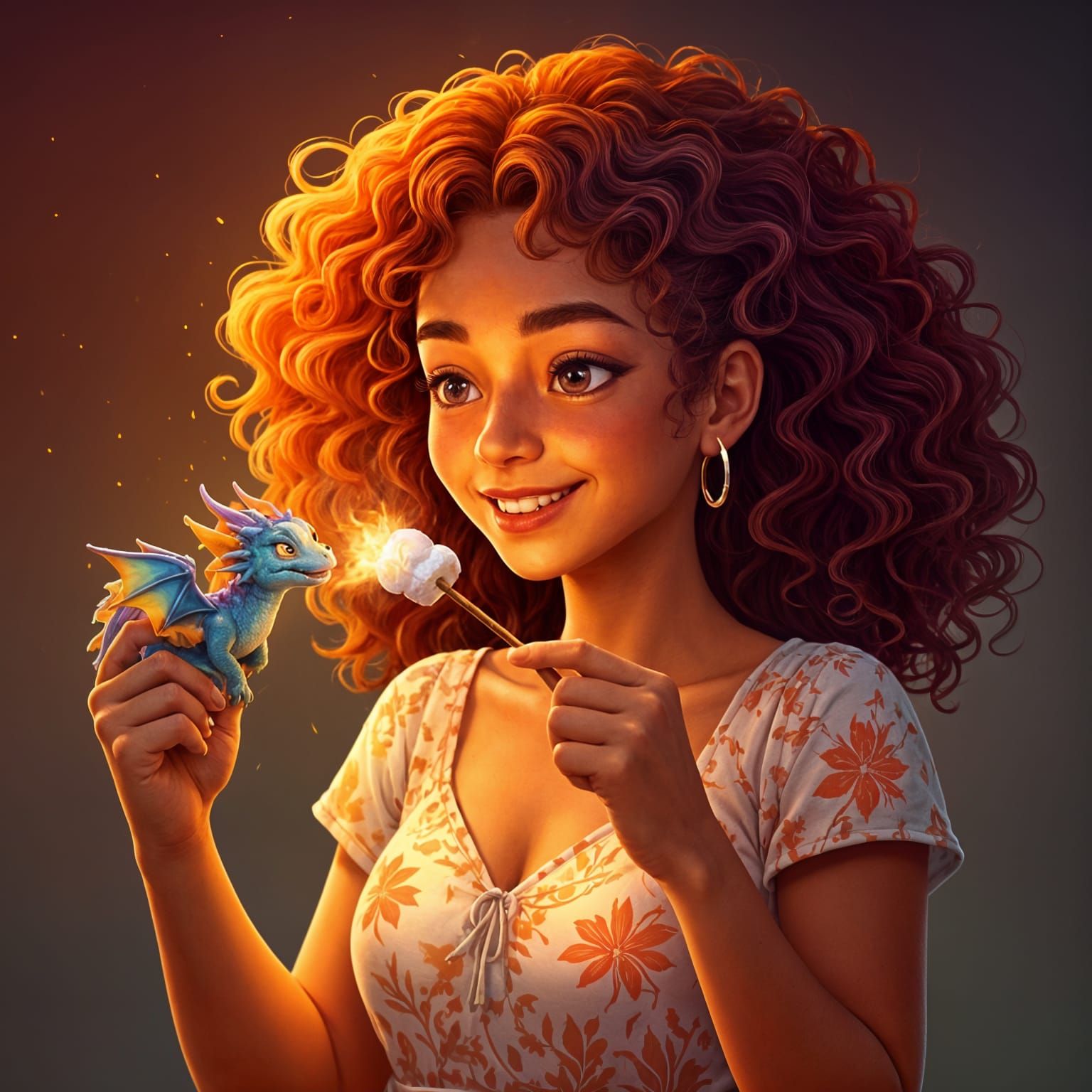 Woman Roasting Marshmallow with Pocket Dragon