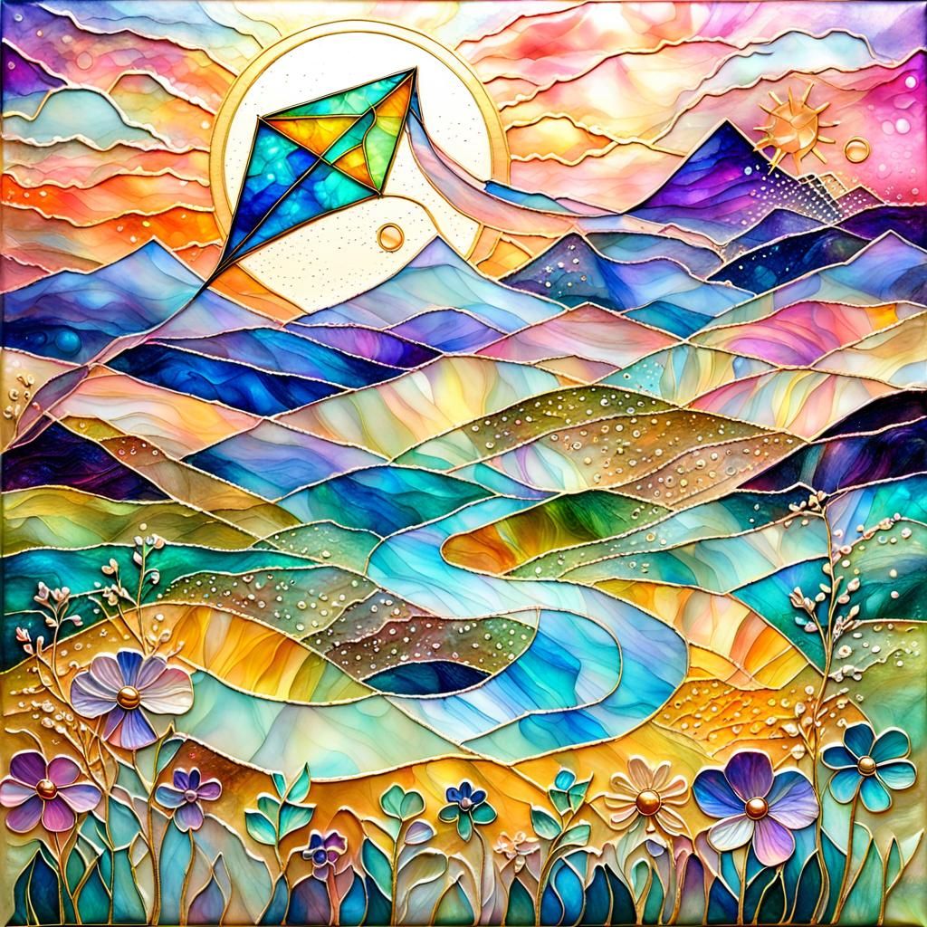 Whimsical Kite Flies in Iridescent Landscape