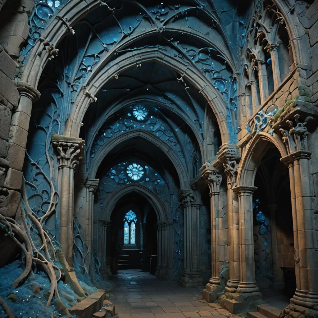 Blue Magical Energy Illuminates Gothic Subterranean Church
