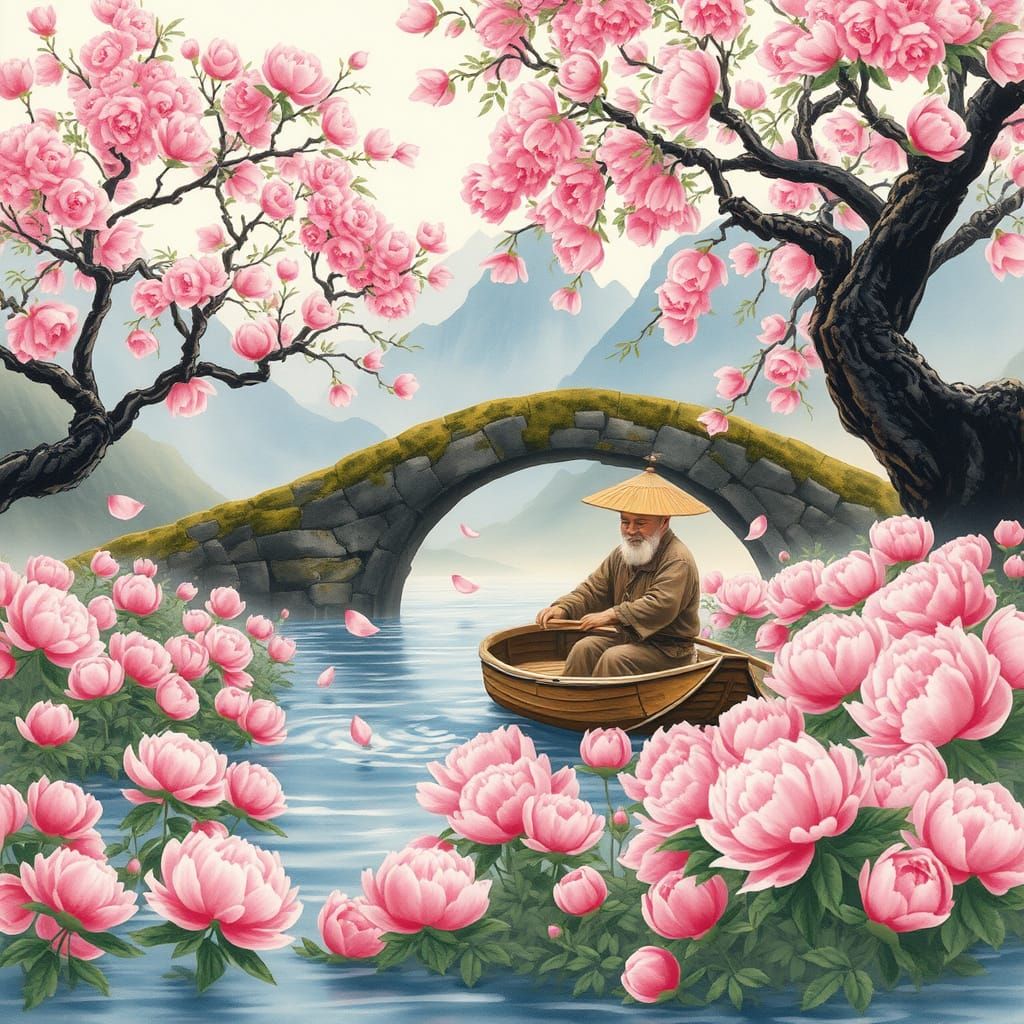 Serene Chinese Landscape with Peonies and Stone Bridge