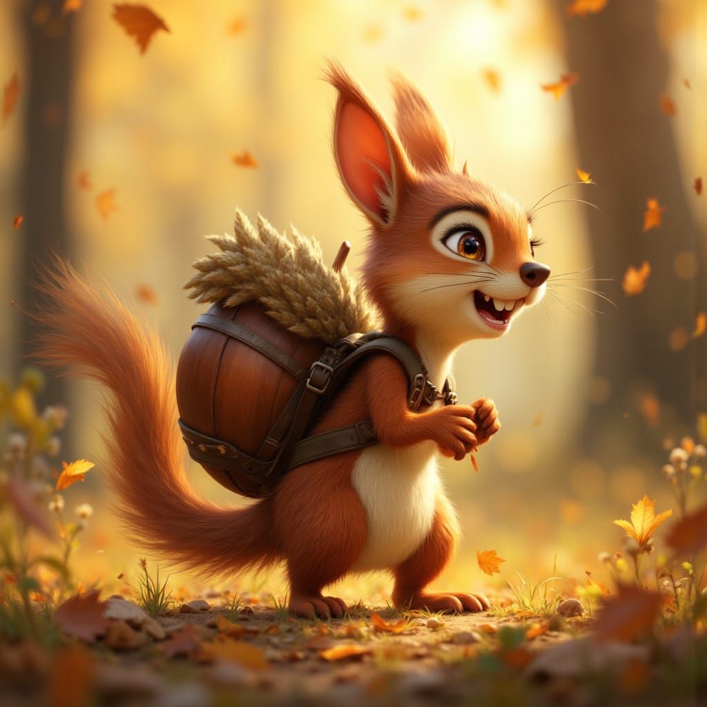 Squirrel Struggles with Giant Acorn in Sun-Dappled Forest