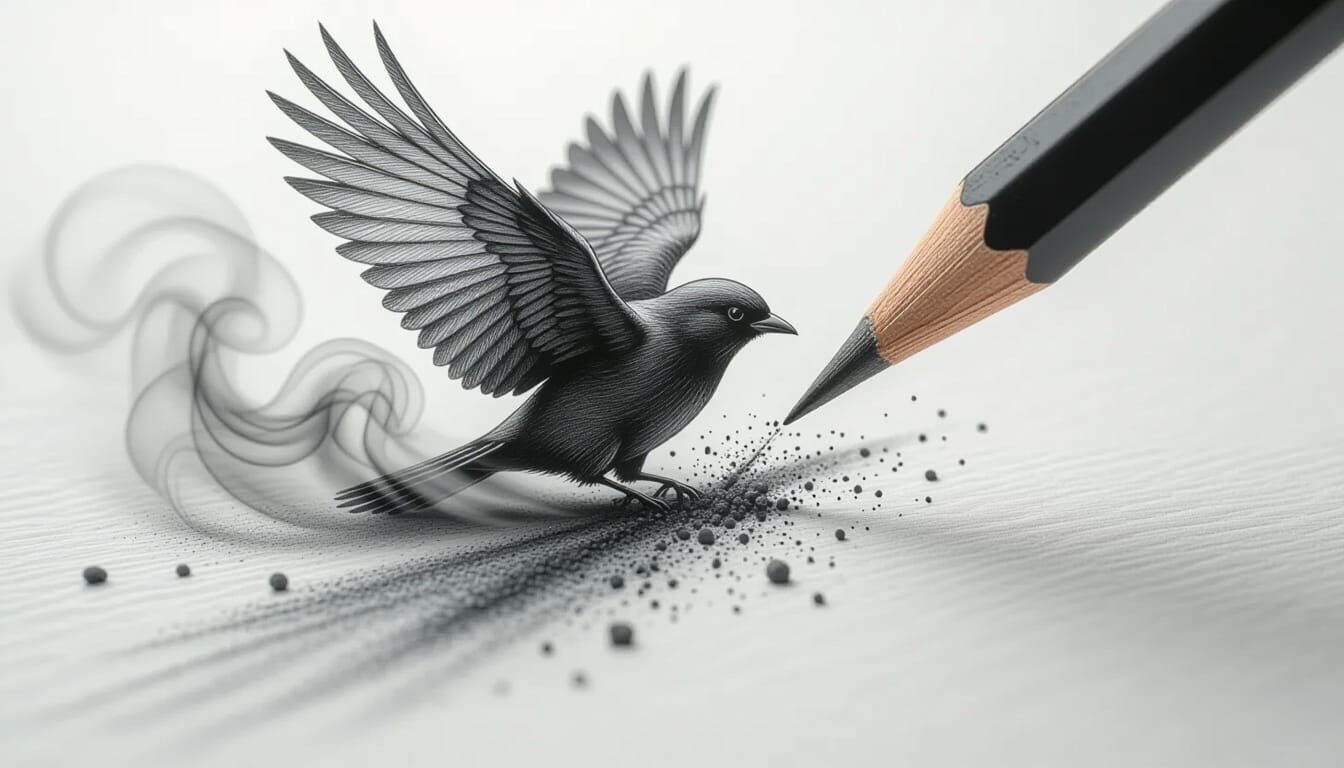 Charcoal Pencil Art: Bird Takes Flight in Macro Detail