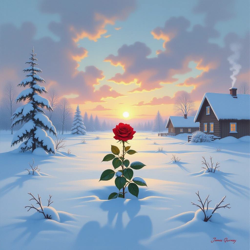 Red Rose in Polar Winter Oil Painting
