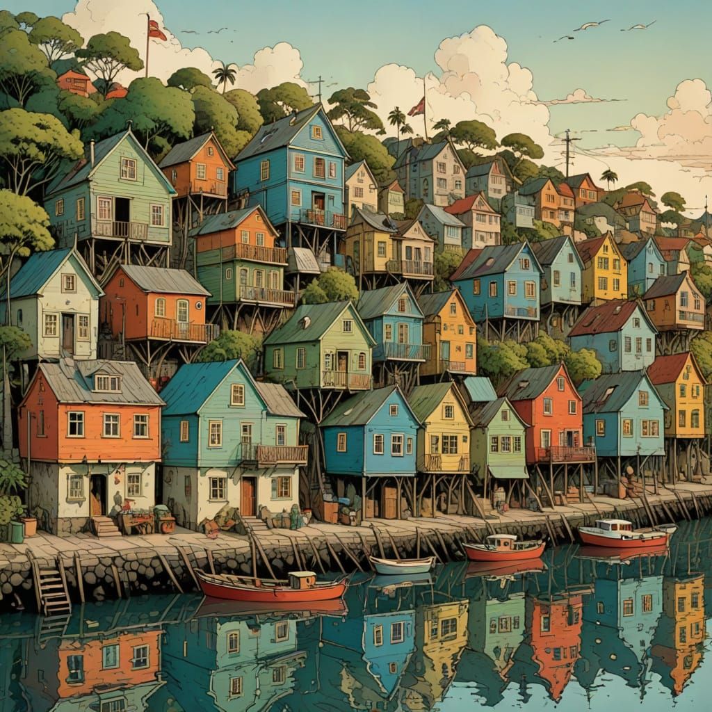 Vibrant Caribbean Waterfront Houses in Evening Light