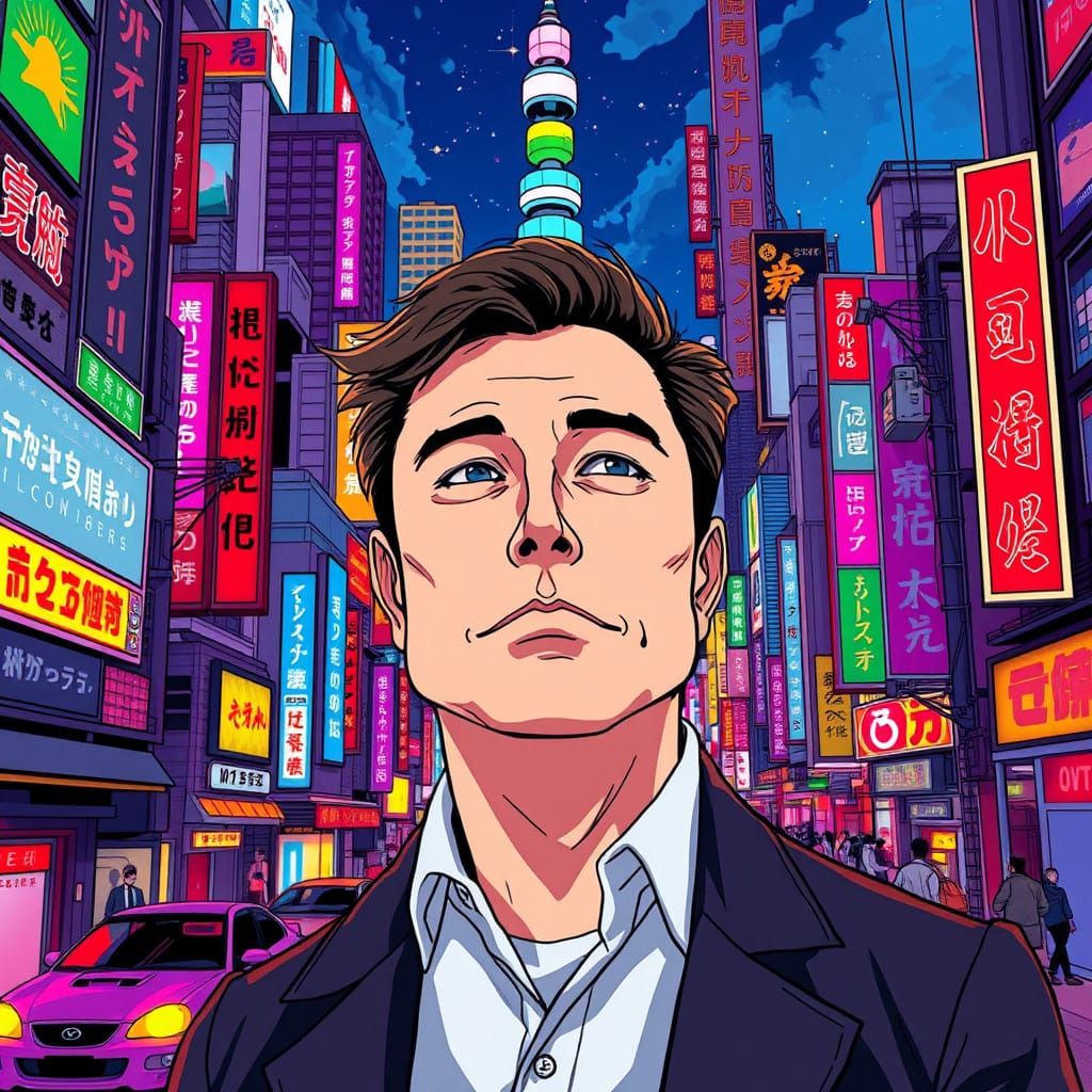 Elon Musk in a Futuristic Tokyo Cityscape
