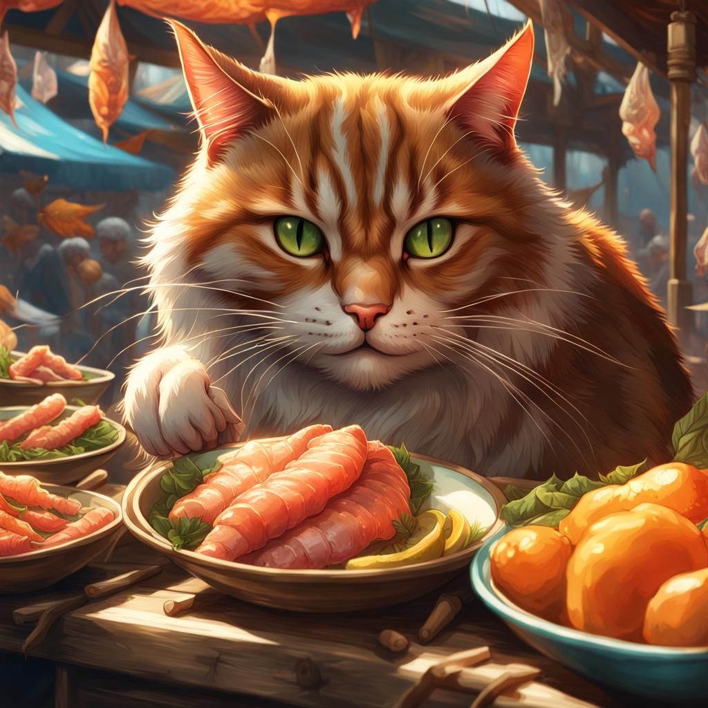 Greedy Cat Feast: Hyperdetailed Market Portrait