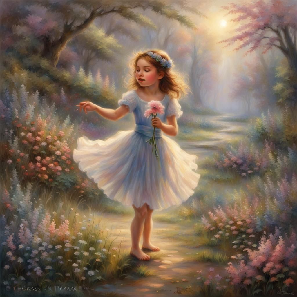 Ethereal Little Girl Dances with Flower in Mist